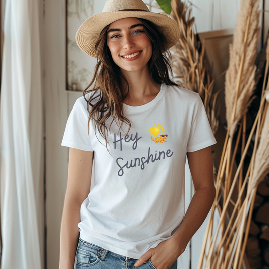 Hey Sunshine T-Shirt — Sunny Script Graphic Tee with Sun & Bird