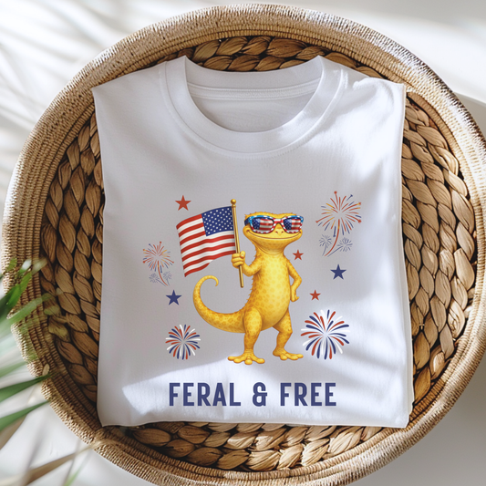 "Feral & Free" Lizard with American Flag Patriotic Tee
